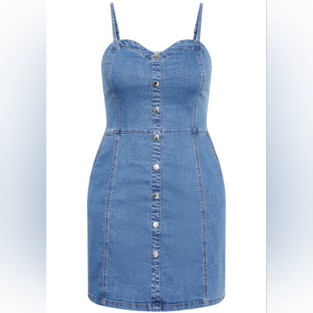 CITY CHIC NWT Blue Denim Button-Down Ashlynn Overall Style Sweetheart Neck Dress